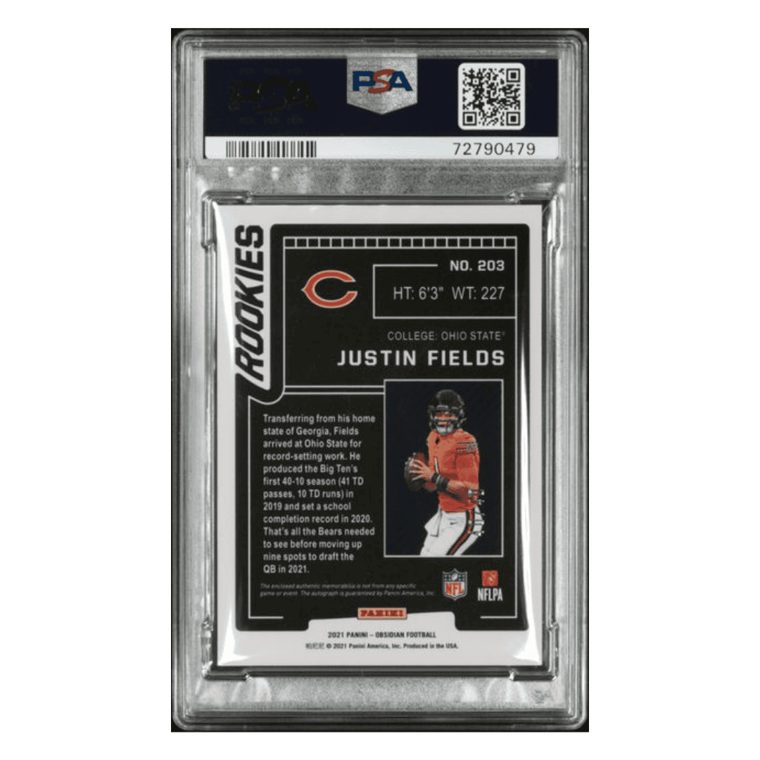 Justin Fields PSA 9 2021 Panini Obsidian Jersey Patch Auto Electric Etch Purple Rookie RC #d/40 Card #203