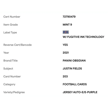 Justin Fields PSA 9 2021 Panini Obsidian Jersey Patch Auto Electric Etch Purple Rookie RC #d/40 Card #203