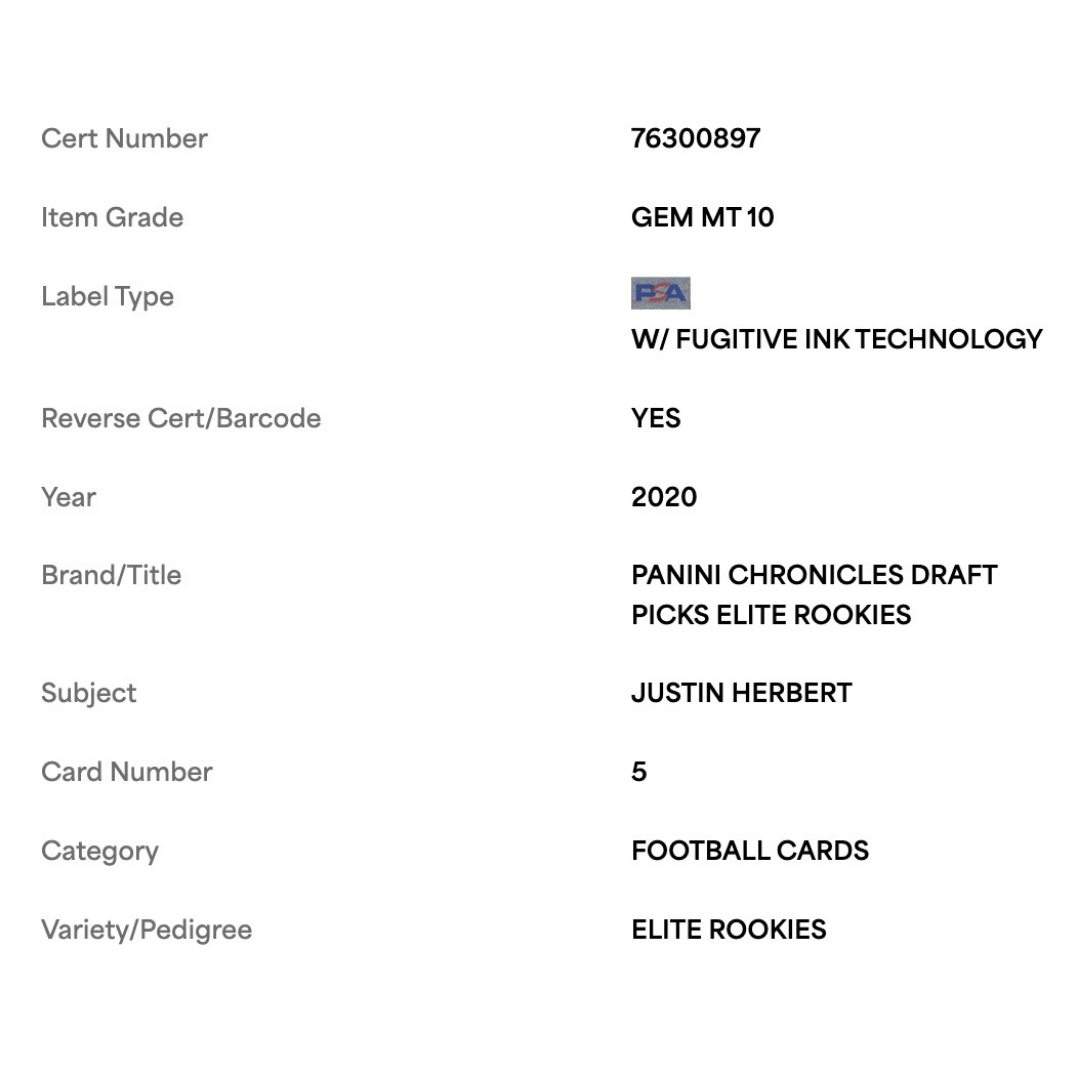 Justin Herbert PSA 10 2020 Panini Chronicles Draft Picks Elite Rookies Rookie RC Card #5