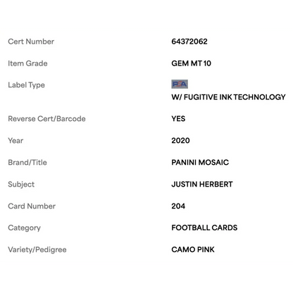 Justin Herbert PSA 10 2020 Panini Mosaic Camo Pink Rookie RC Card #204