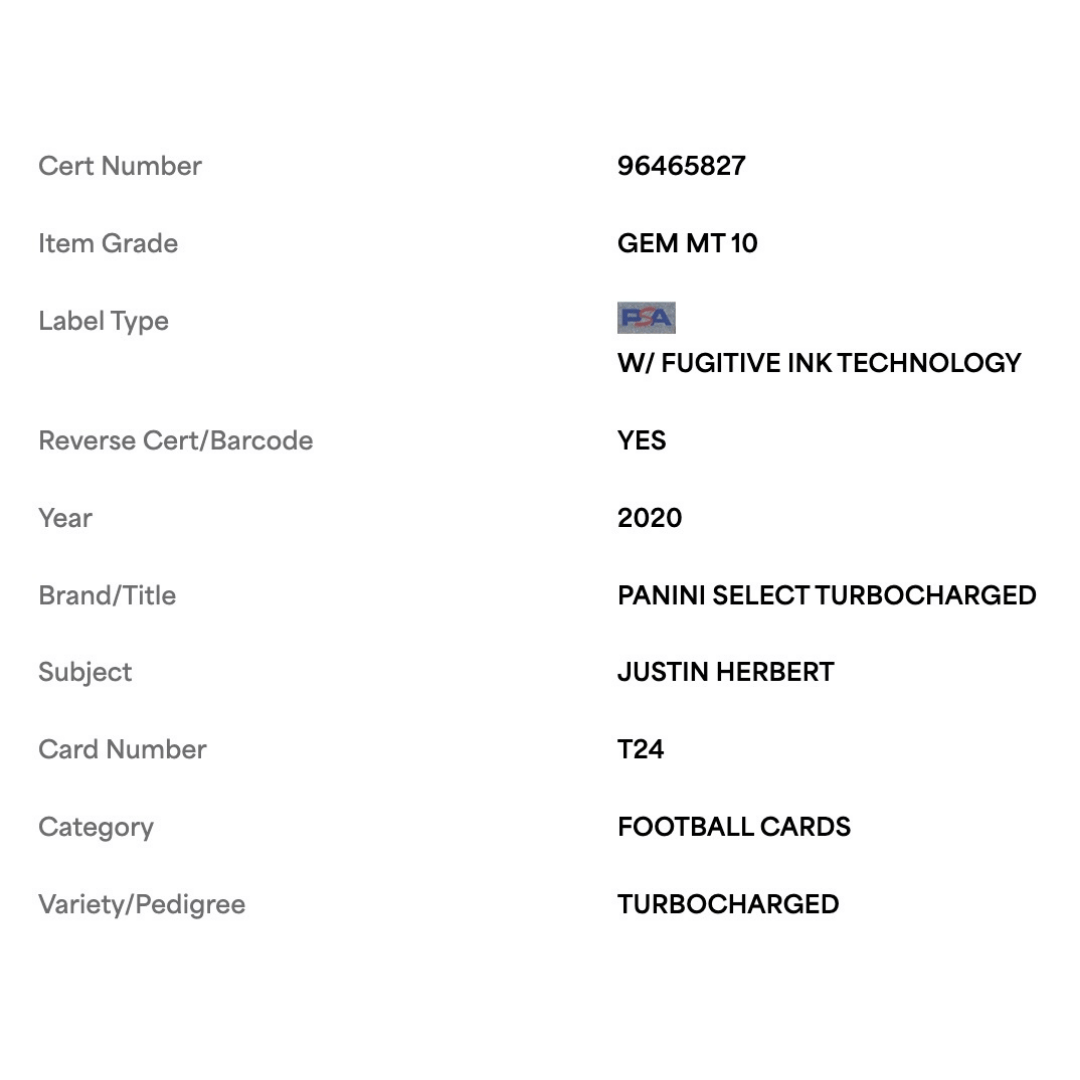 Justin Herbert PSA 10 2020 Panini Select Turbocharged Card #T24