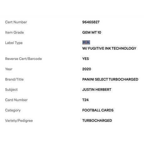 Justin Herbert PSA 10 2020 Panini Select Turbocharged Card #T24