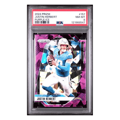 Justin Herbert PSA 8 2024 Panini Prizm Purple Ice #d/ 225 Card #157
