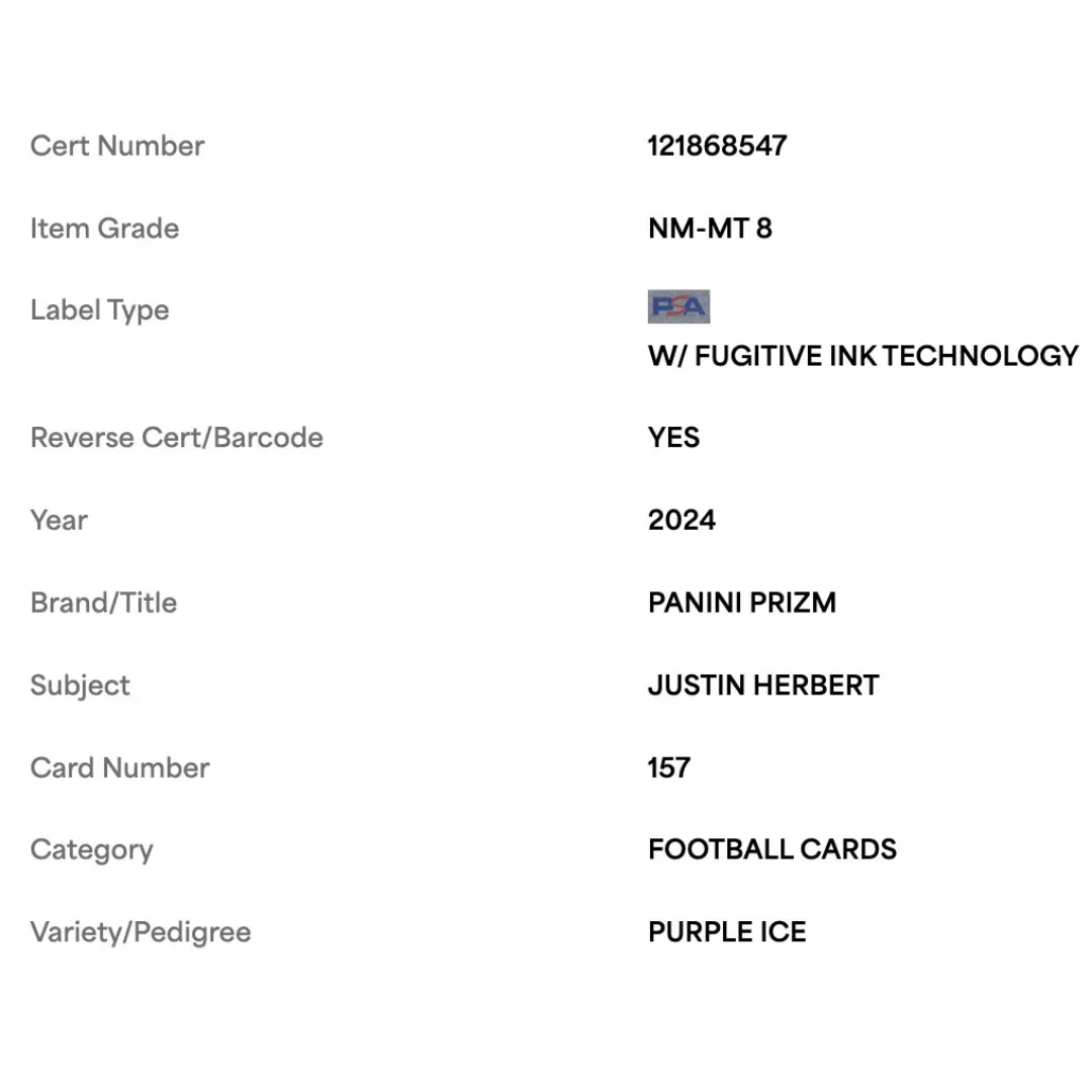 Justin Herbert PSA 8 2024 Panini Prizm Purple Ice #d/ 225 Card #157