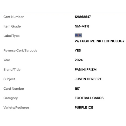 Justin Herbert PSA 8 2024 Panini Prizm Purple Ice #d/ 225 Card #157