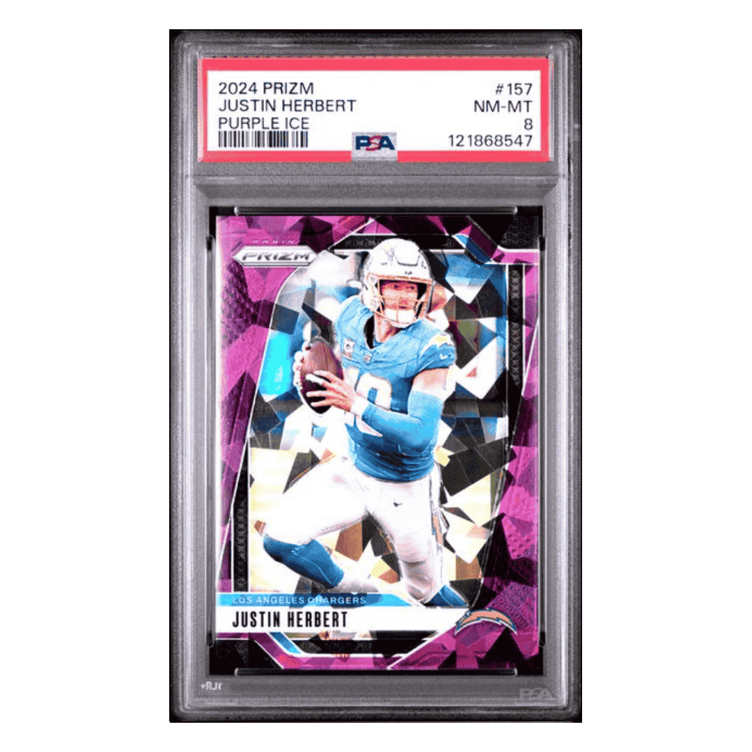 Justin Herbert PSA 8 2024 Panini Prizm Purple Ice #d/ 225 Card #157