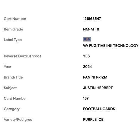 Justin Herbert PSA 8 2024 Panini Prizm Purple Ice #d/ 225 Card #157