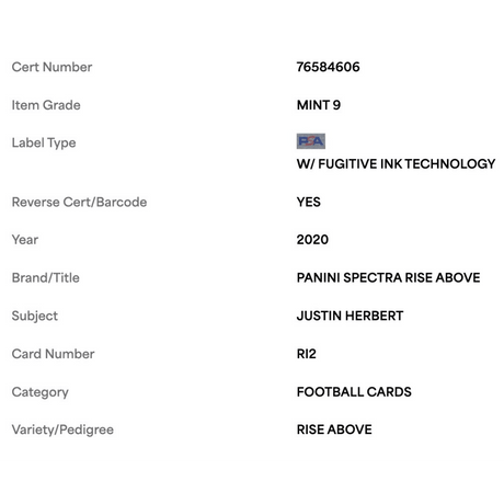 Justin Herbert PSA 9 2020 Panini Spectra Rise Above #d/75 Card #RI2