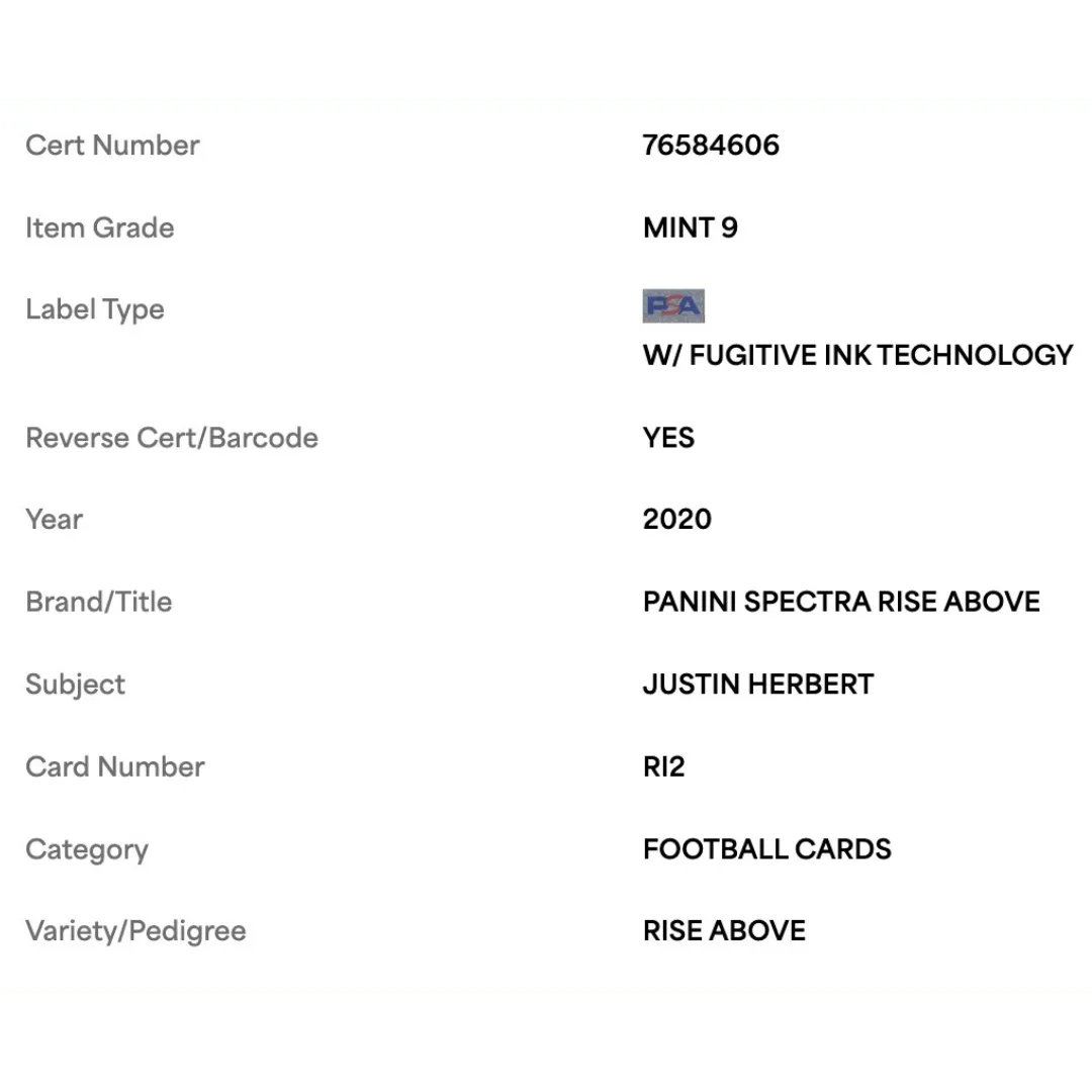 Justin Herbert PSA 9 2020 Panini Spectra Rise Above #d/75 Card #RI2