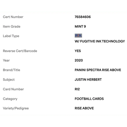 Justin Herbert PSA 9 2020 Panini Spectra Rise Above #d/75 Card #RI2