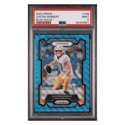 Justin Herbert PSA 9 2023 Panini Prizm Blue Wave #d/ 199 Card #158