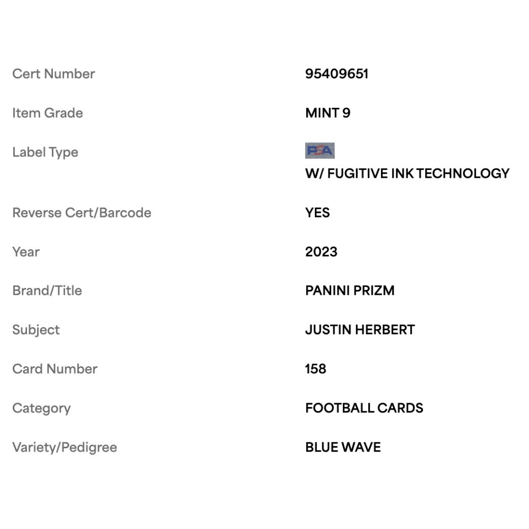 Justin Herbert PSA 9 2023 Panini Prizm Blue Wave #d/ 199 Card #158