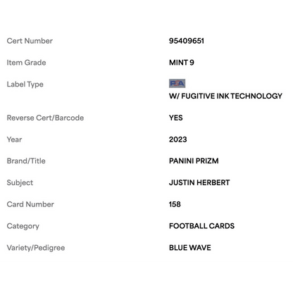 Justin Herbert PSA 9 2023 Panini Prizm Blue Wave #d/ 199 Card #158