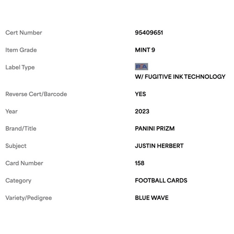 Justin Herbert PSA 9 2023 Panini Prizm Blue Wave #d/ 199 Card #158