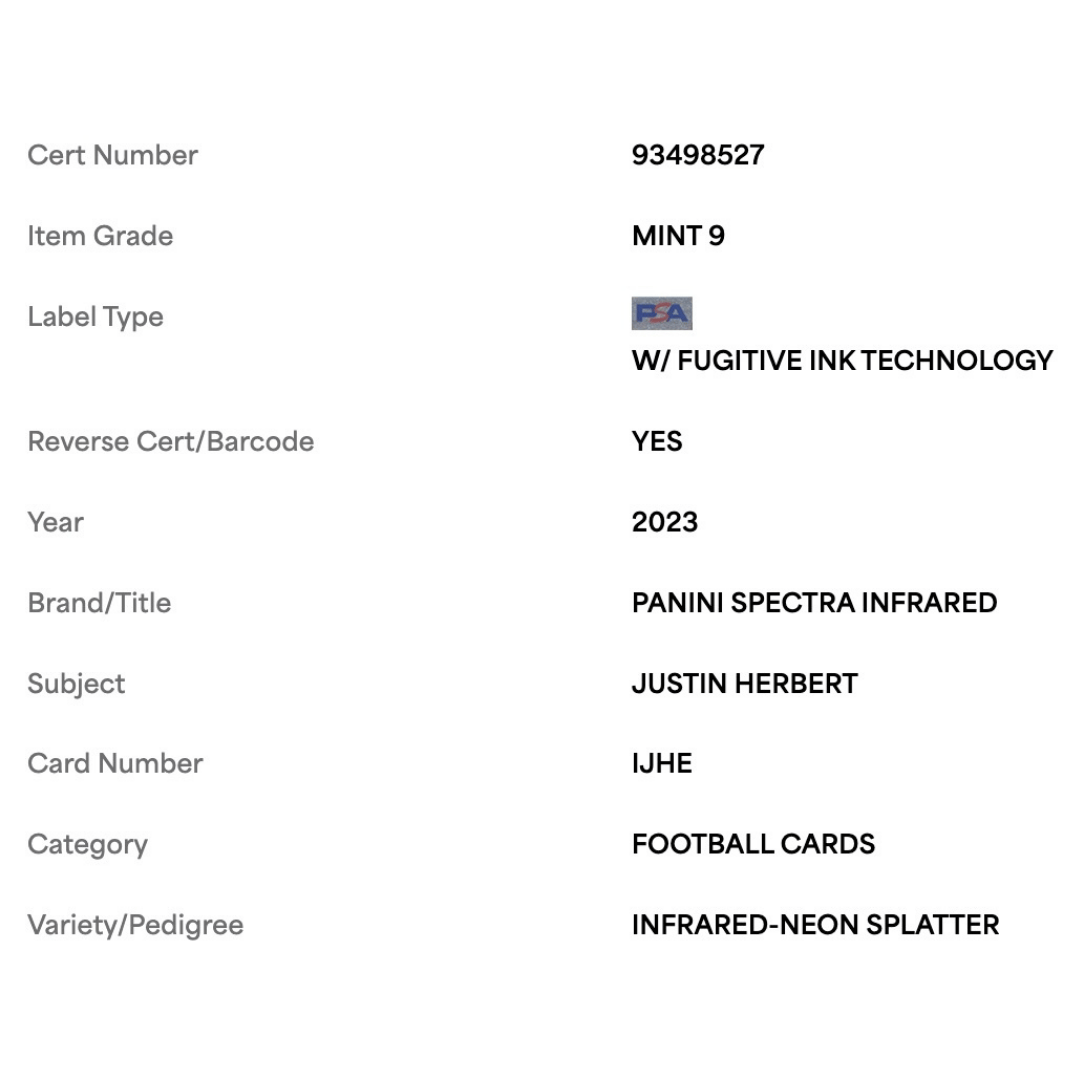 Justin Herbert PSA 9 2023 Panini Spectra Infrared Neon Splatter #d/ 8 Card #IJHE
