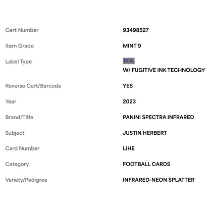 Justin Herbert PSA 9 2023 Panini Spectra Infrared Neon Splatter #d/ 8 Card #IJHE