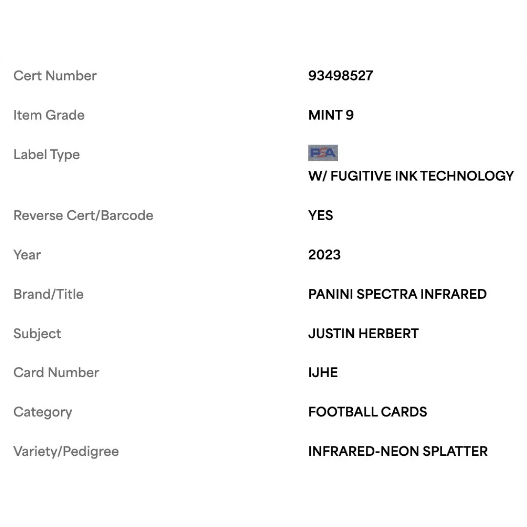 Justin Herbert PSA 9 2023 Panini Spectra Infrared Neon Splatter #d/ 8 Card #IJHE