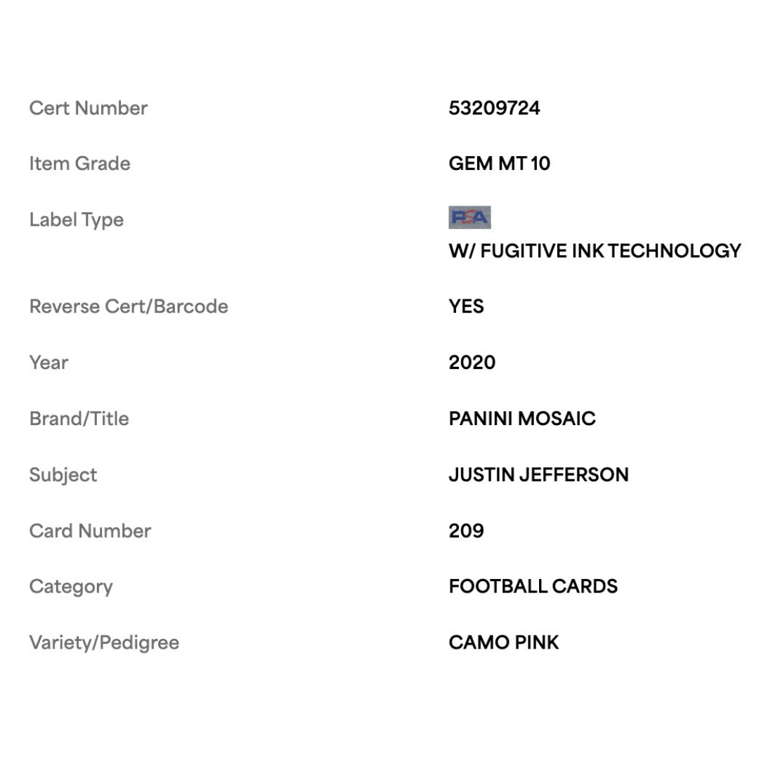 Justin Jefferson PSA 10 2020 Panini Mosaic Camo Pink Rookie RC Card #209