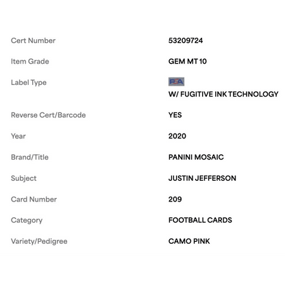 Justin Jefferson PSA 10 2020 Panini Mosaic Camo Pink Rookie RC Card #209