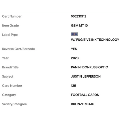 Justin Jefferson PSA 10 2023 Panini Donruss Optic Bronze Mojo #35/ 35 Card #125