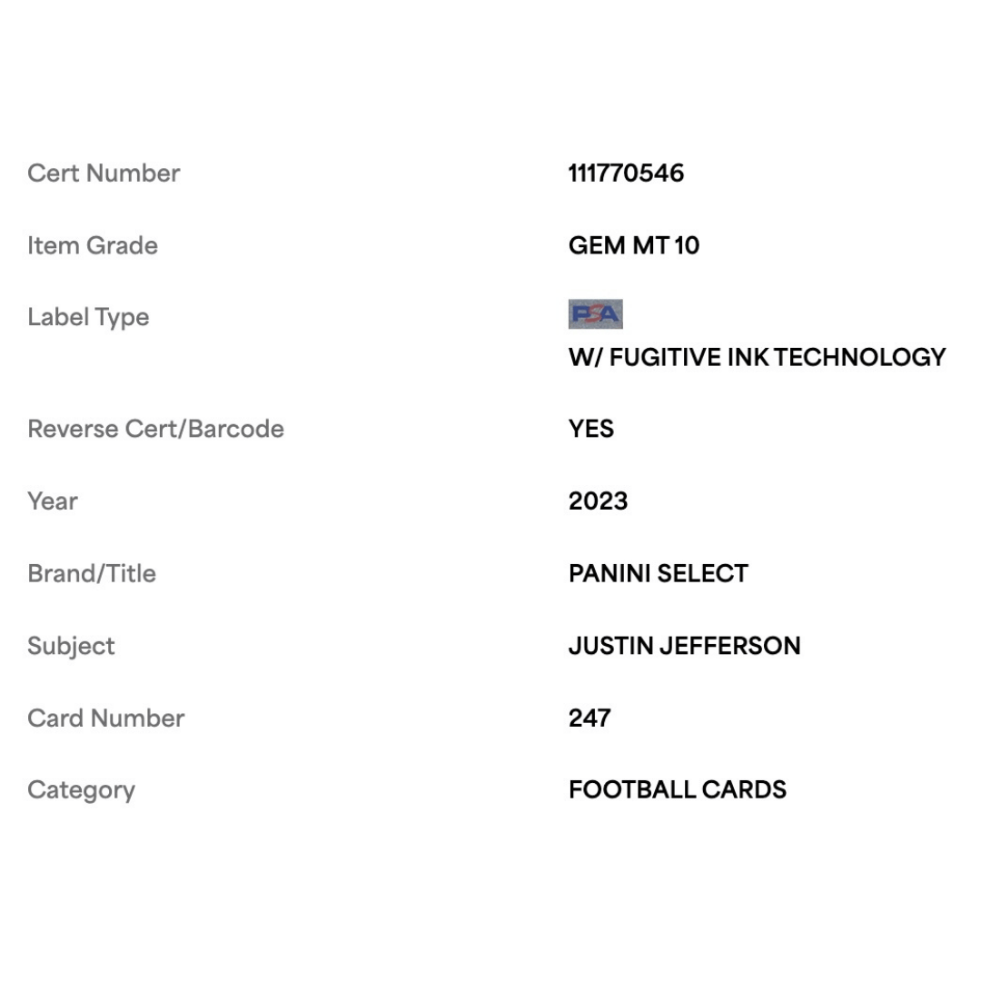 Justin Jefferson PSA 10 2023 Panini Select Card #247