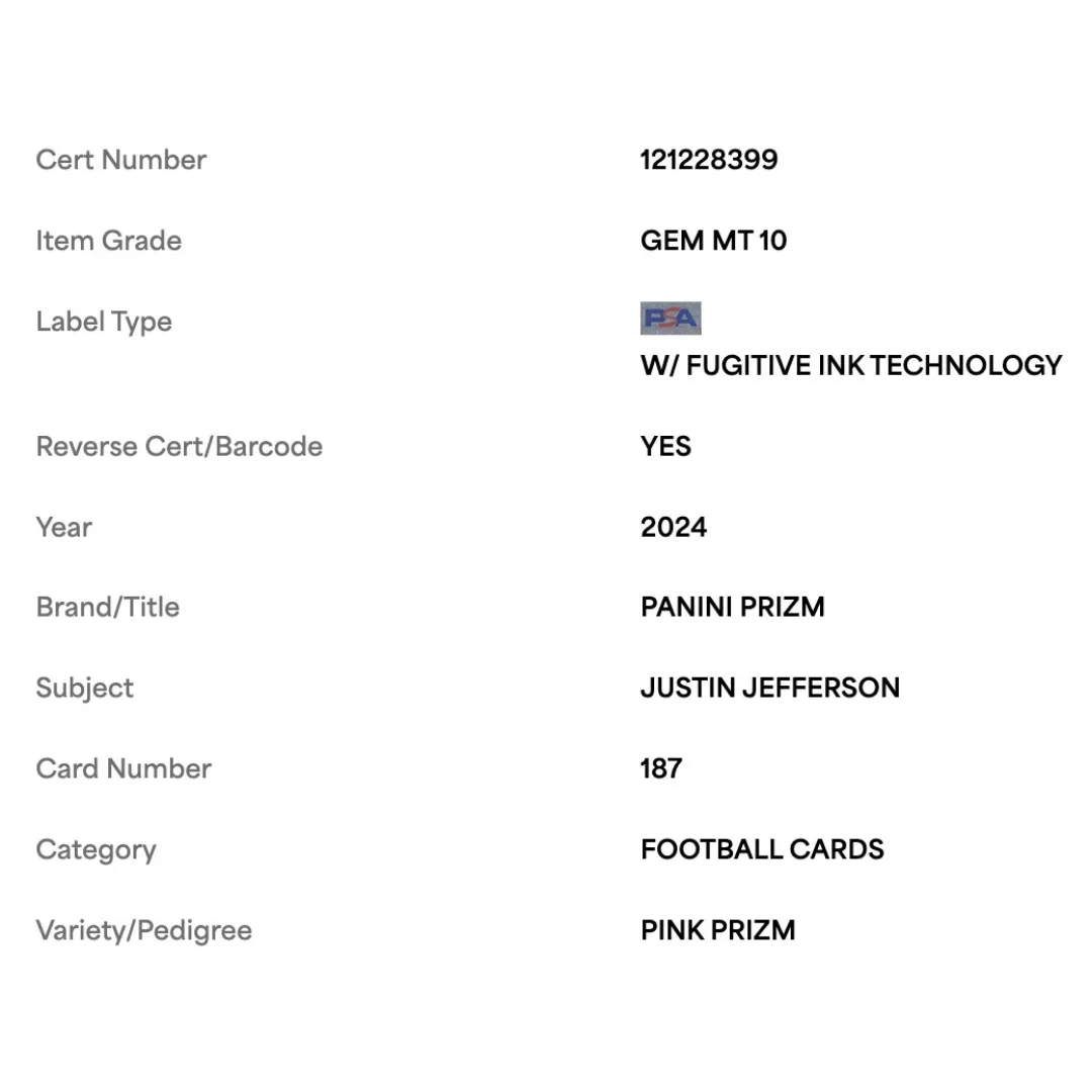 Justin Jefferson PSA 10 2024 Panini Prizm Pink Prizm Card #187