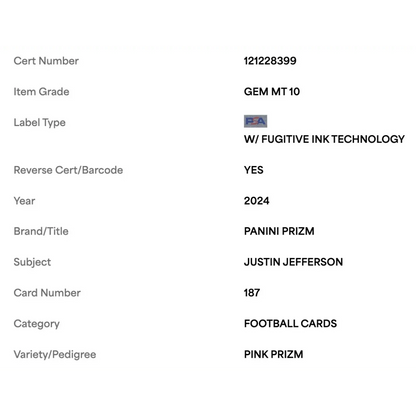 Justin Jefferson PSA 10 2024 Panini Prizm Pink Prizm Card #187