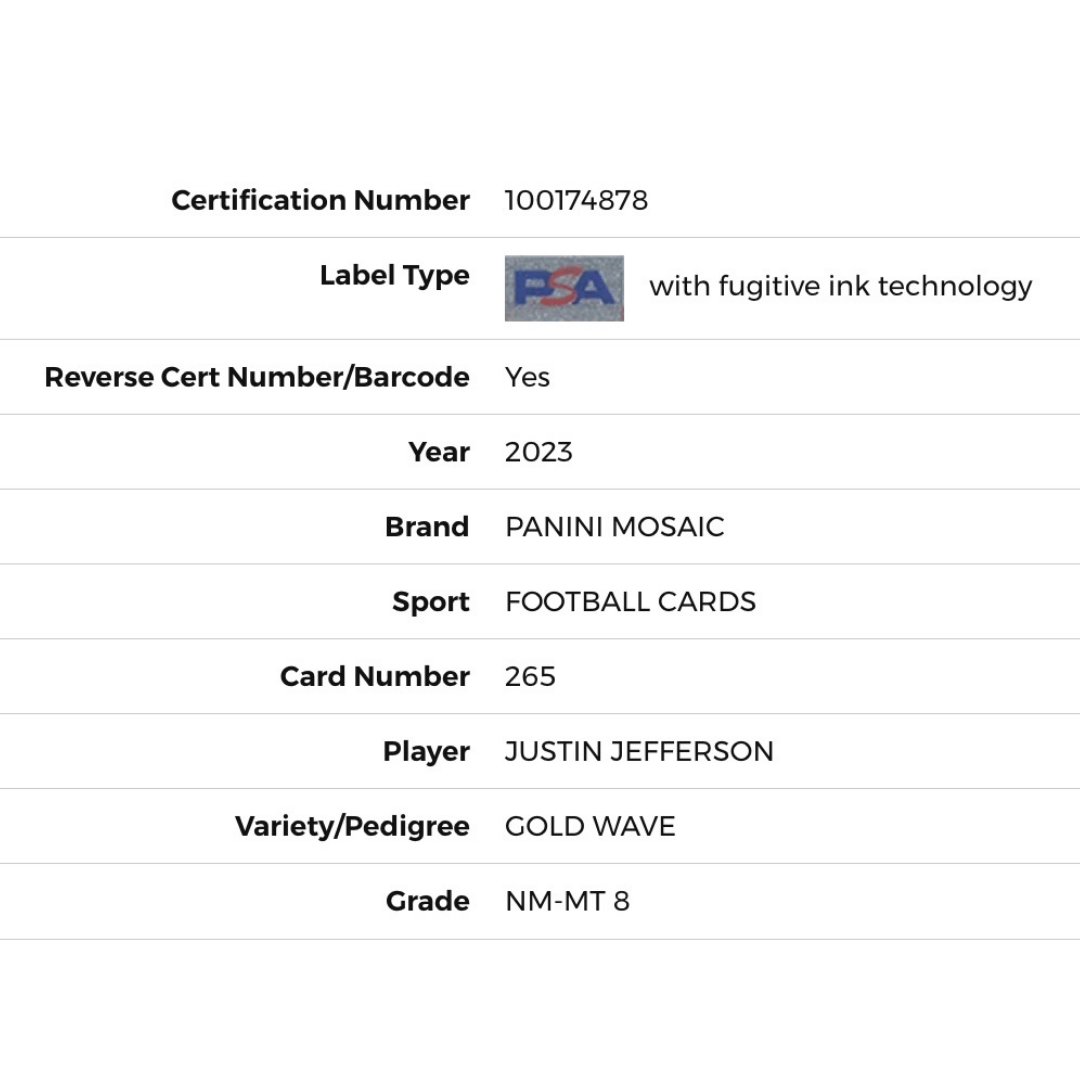 Justin Jefferson PSA 8 2023 Panini Mosaic Gold Wave Card #265