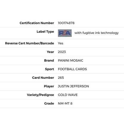 Justin Jefferson PSA 8 2023 Panini Mosaic Gold Wave Card #265