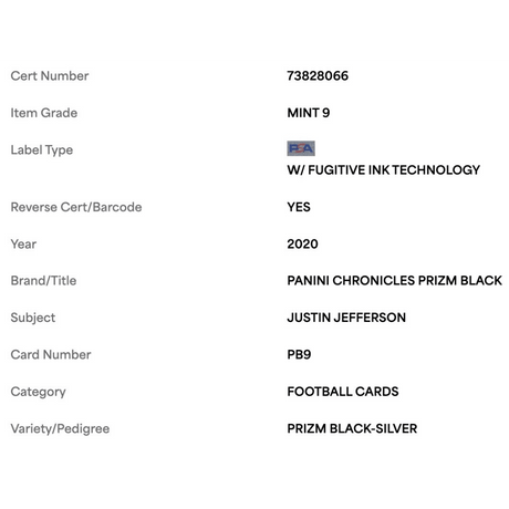 Justin Jefferson PSA 9 2020 Panini Chronicles Prizm Black Silver Rookie RC Card #PB9