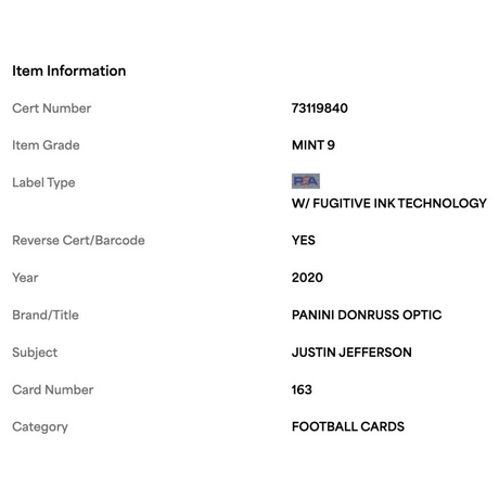 Justin Jefferson PSA 9 2020 Panini Donruss Optic Rated Rookie Card #163