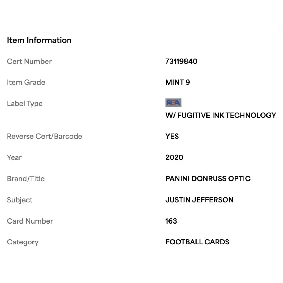 Justin Jefferson PSA 9 2020 Panini Donruss Optic Rated Rookie Card #163