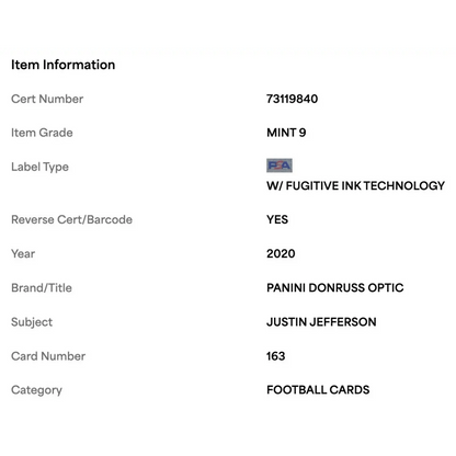 Justin Jefferson PSA 9 2020 Panini Donruss Optic Rated Rookie Card #163