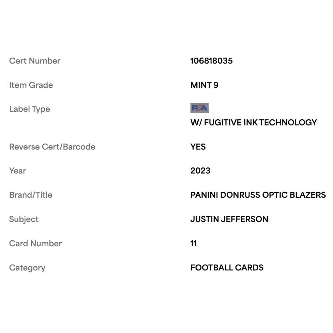 Justin Jefferson PSA 9 2023 Panini Donruss Optic Blazers Card #11