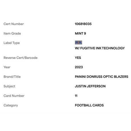 Justin Jefferson PSA 9 2023 Panini Donruss Optic Blazers Card #11