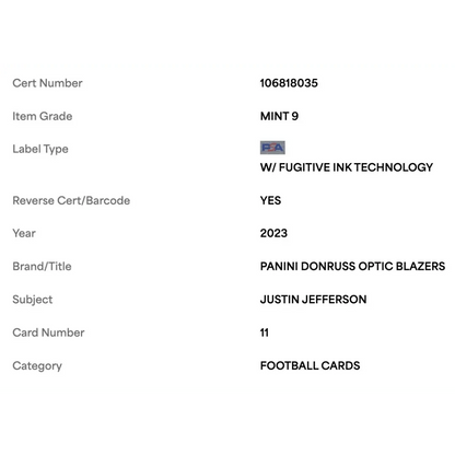 Justin Jefferson PSA 9 2023 Panini Donruss Optic Blazers Case Hit Card #11