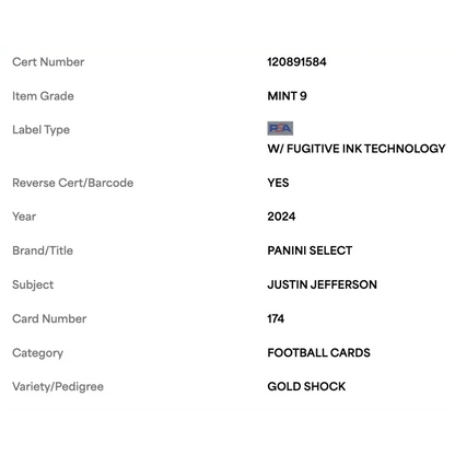 Justin Jefferson PSA 9 2024 Panini Select Gold Shock #d/ 10 Card #174