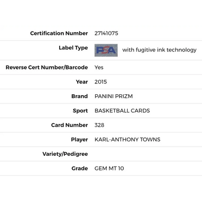 Karl-Anthony Towns PSA 10 2015 Panini Prizm Rookie RC Card #328