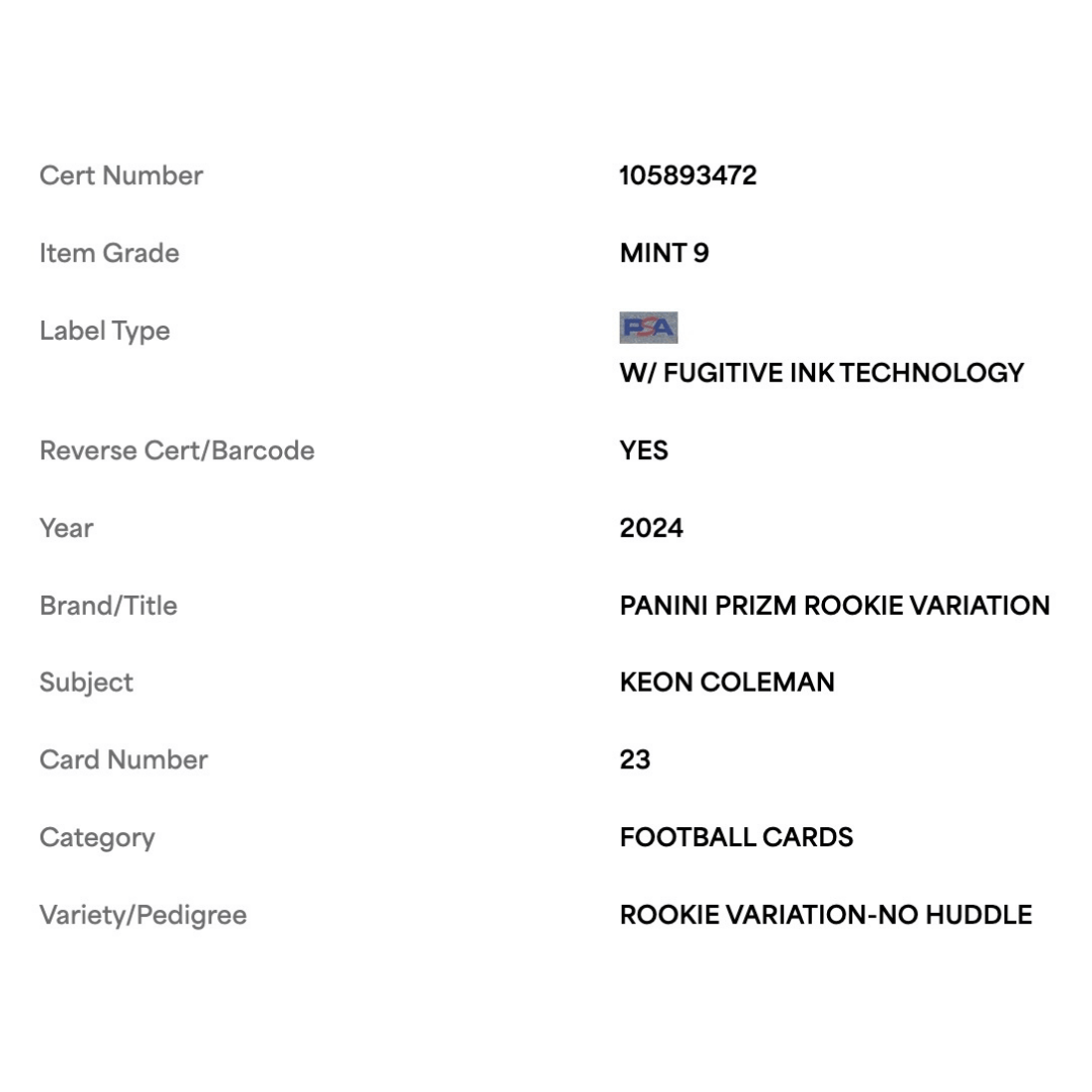 Keon Coleman PSA 9 2024 Panini Prizm Variation No Huddle Rookie RC Card #23