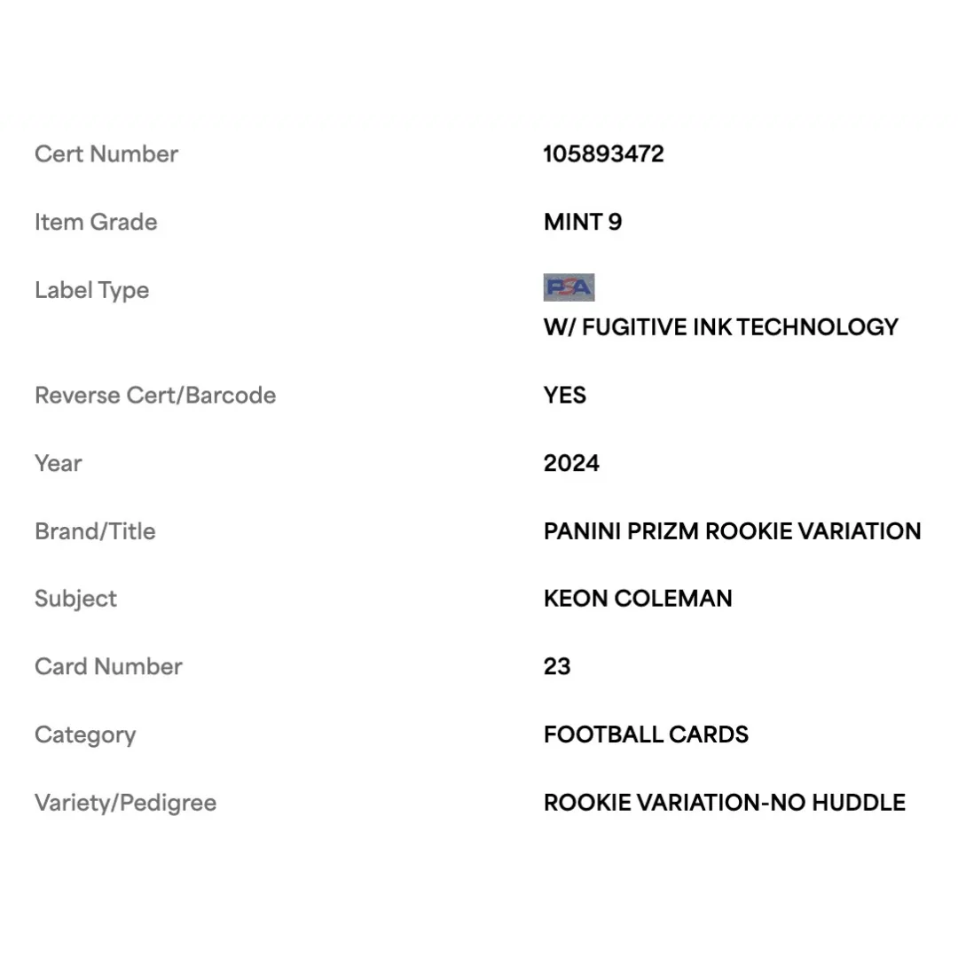 Keon Coleman PSA 9 2024 Panini Prizm Variation No Huddle Rookie RC Card #23