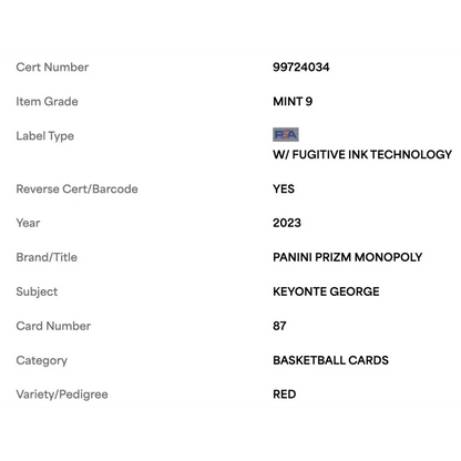 Keyonte George PSA 9 2023 Panini Prizm Monopoly Red #d/ 99 Card #87
