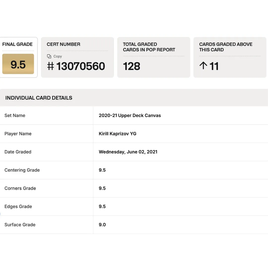 Kirill Kaprizov BGS 9.5 2020-21 Upper Deck Young Guns Canvas Card #C225