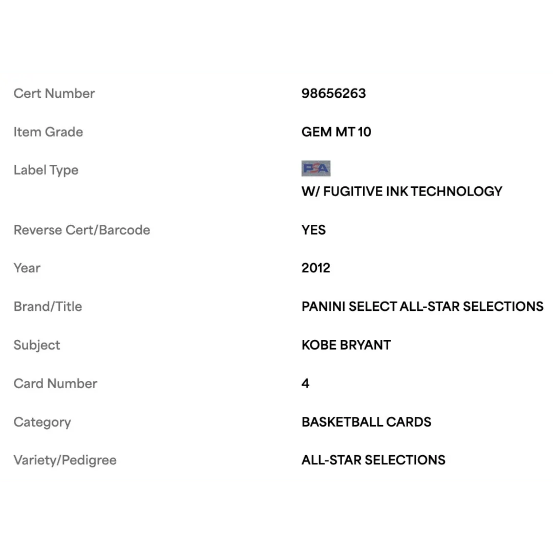 Kobe Bryant PSA 10 2012 Panini Select All Star Selections Card #4