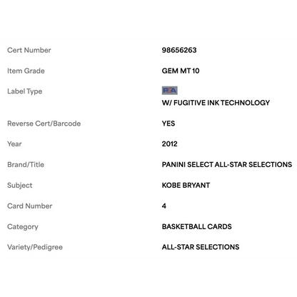 Kobe Bryant PSA 10 2012 Panini Select All Star Selections Card #4