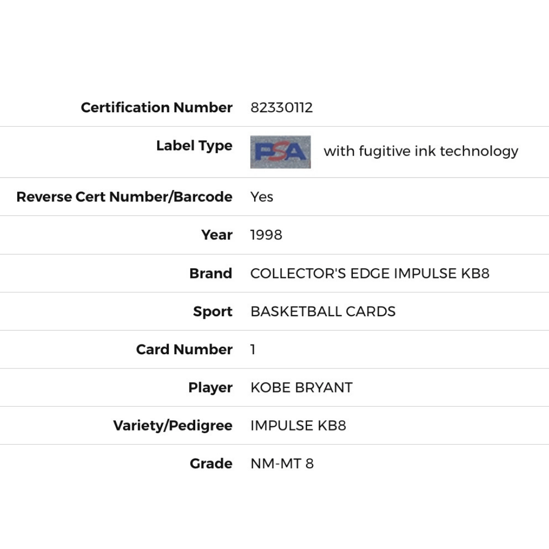Kobe Bryant PSA 8 1998 Collectors Edge Impulse KB8 Card #1