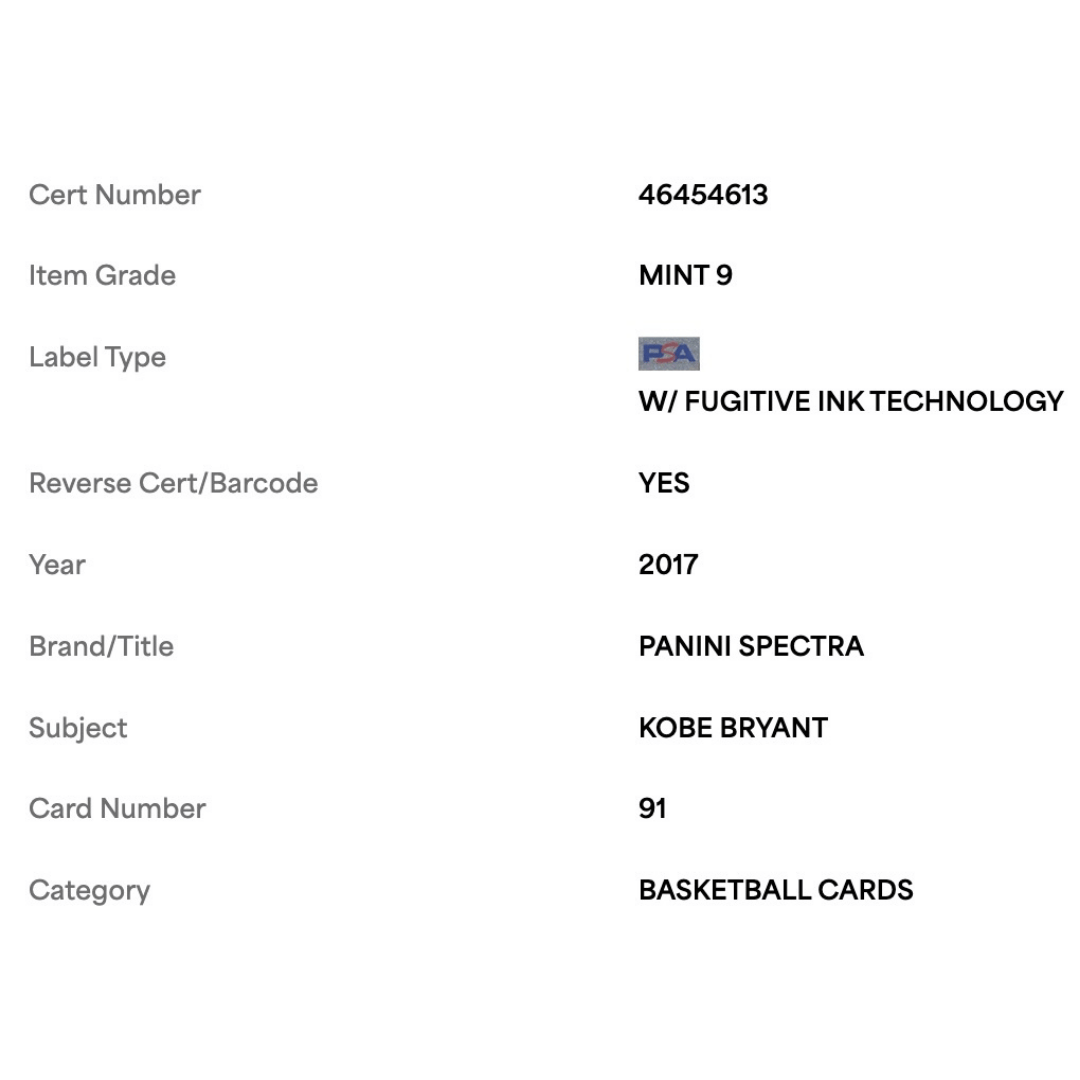 Kobe Bryant PSA 9 2017 Panini Spectra Card #91