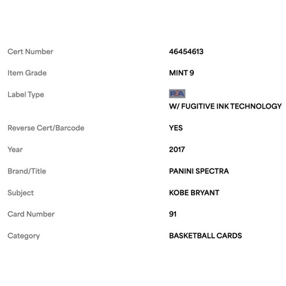 Kobe Bryant PSA 9 2017 Panini Spectra Card #91