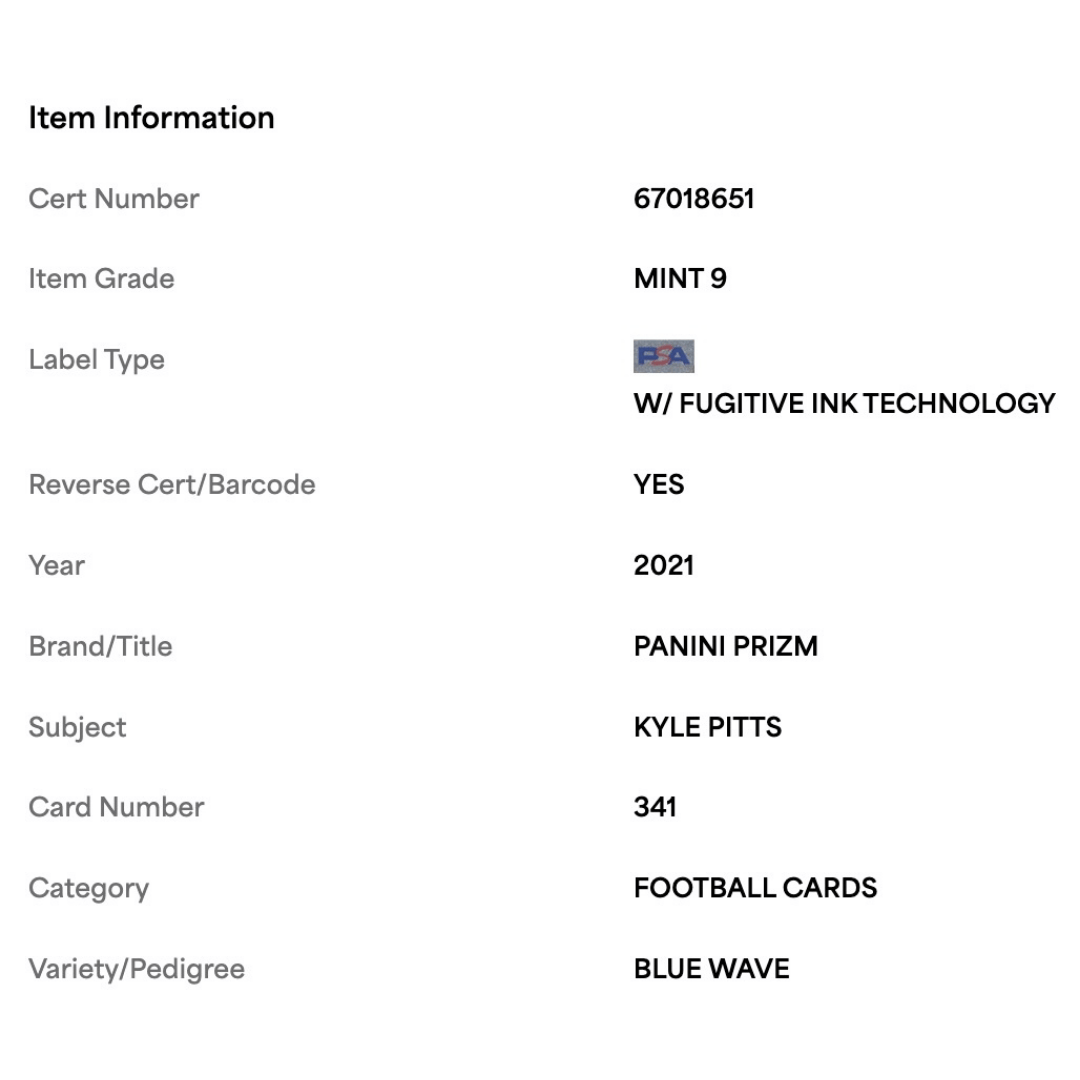 Kyle Pitts PSA 9 2021 Panini Prizm Blue Wave Rookie RC #d/199 Card #341