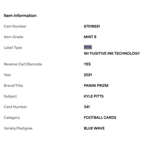 Kyle Pitts PSA 9 2021 Panini Prizm Blue Wave Rookie RC #d/199 Card #341