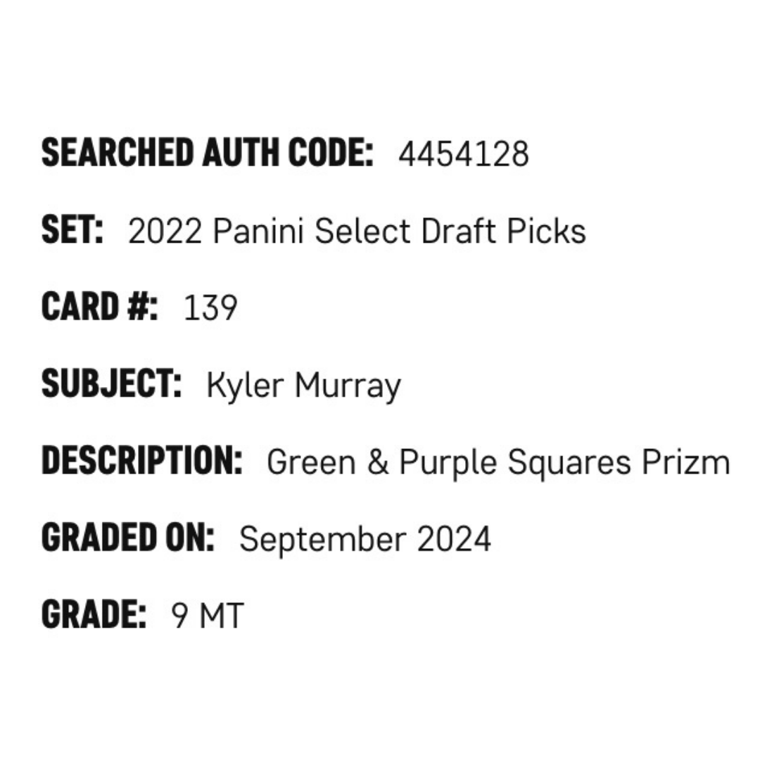Kyler Murray SGC 9 2022 Panini Select Draft Picks Green & Purple Squares Prizm #d/75 Card #139